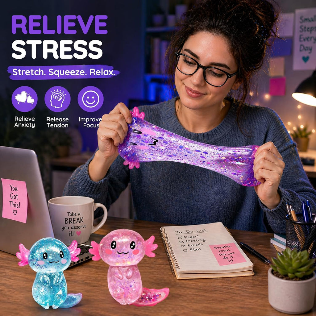 Squishilo Pink Glitter Axolotl Squishy – Soft Sensory Squeeze Toy