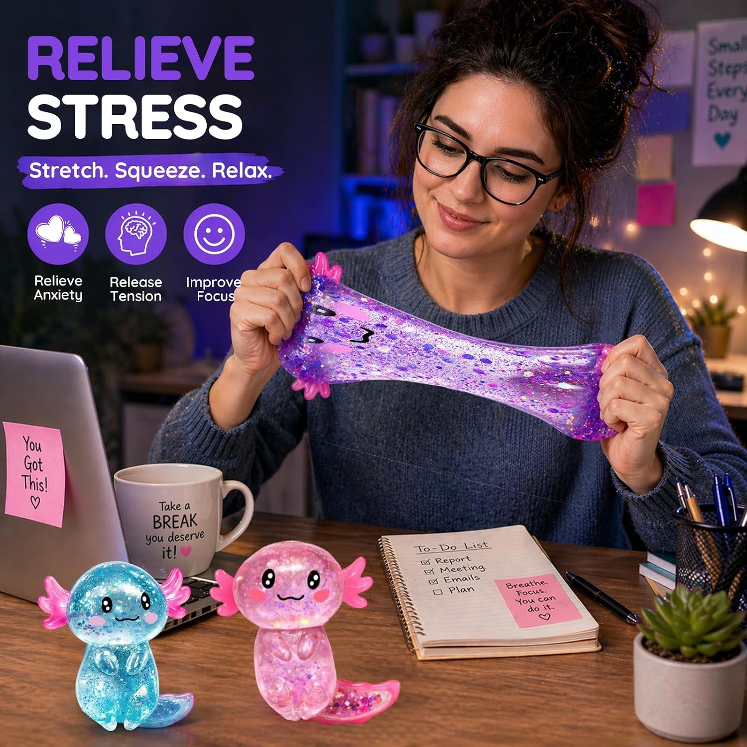Squishilo Pink Glitter Axolotl Squishy – Soft Sensory Squeeze Toy