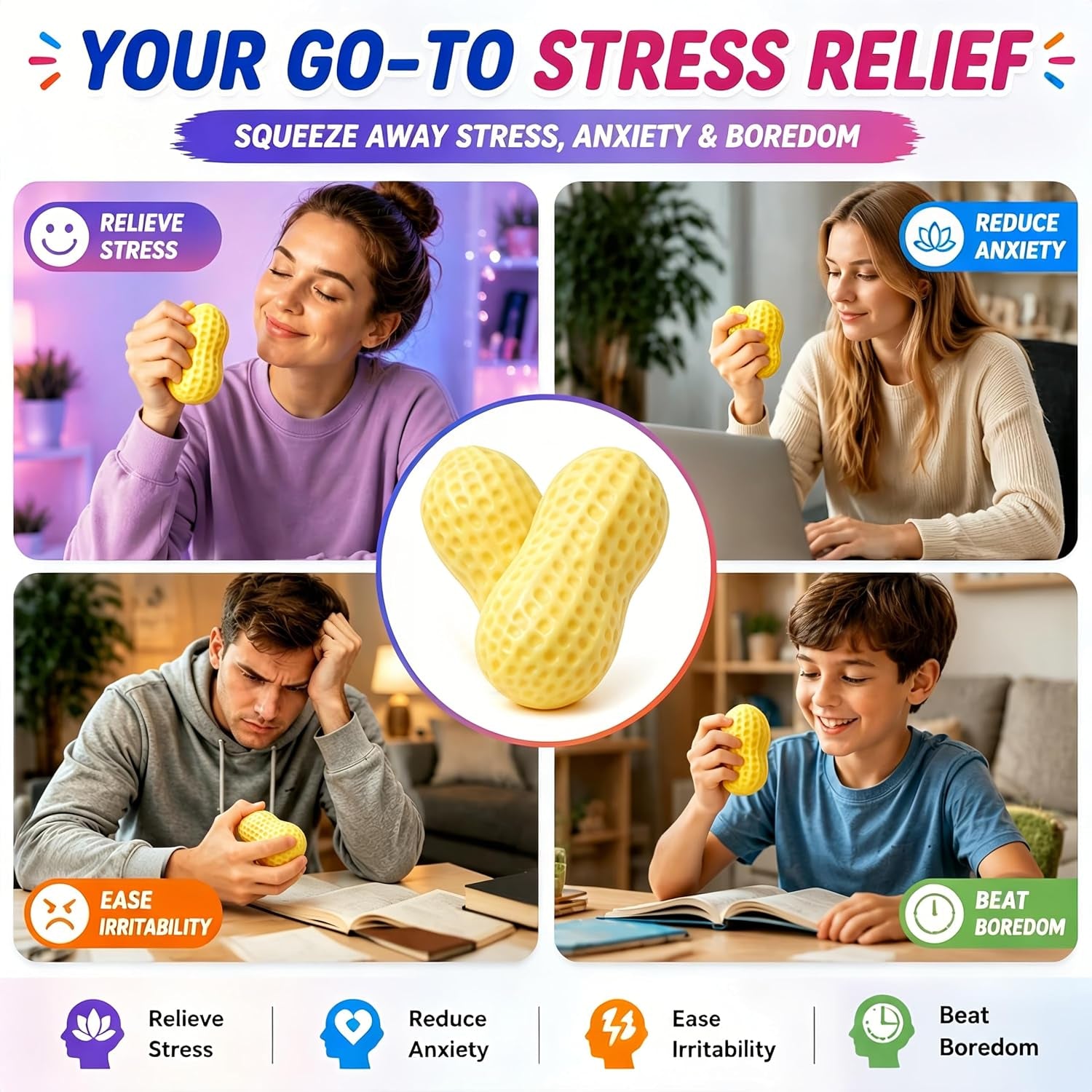 2Pcs Peanut Squishy Fidget Toys,Slow Rise Squeeze Toys for Stress Relief | Soft Stretchy Peanut Squishy,Slow Rising Squishy Toys,Fun Squeezy Sensory Toys,Stress Anxiety Party Favors Gift for Adult Kid